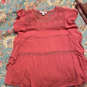 American Eagle Terra Cotta Embroidered Flutter Sleeve Top
